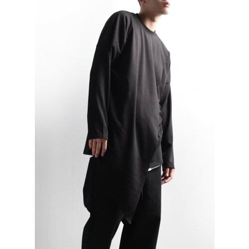 Mens T-shirt personality casual loose solid color irregular base Shirt Long Sleeve T-Shirt Large Size Top trendy man