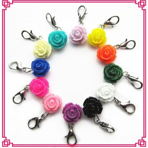 Hot selling 120pcs/lot mix 12 different color rose flower charm dangle charms lobster clasp charms diy jewelry hanging charms