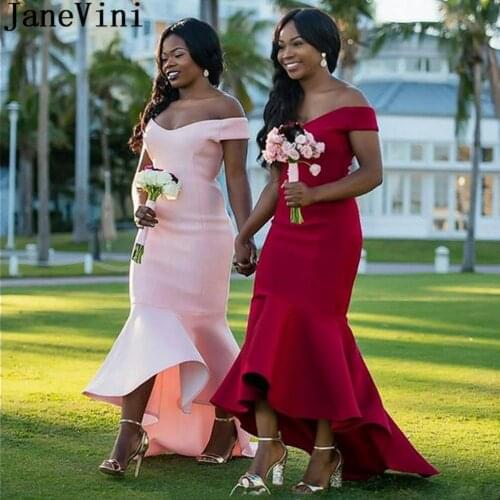 JaneVini Sexy High Low Pink Bridesmaid Dresses Mermaid Long Burgundy Off Shoulder Satin Women Wedding Guest Dresses Formal Gowns