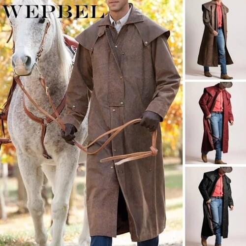 WEPBEL Cowboy Leather Duster Coat Vintage Style Winter Frockcoat Full Sleeve Retro Inverness Greatcoat Steampunk Riding Jacket