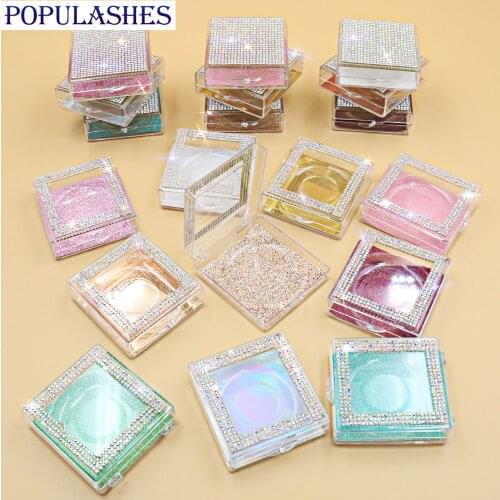 Diamond Square Lash Box Packaging with Tray and Bottom Card Mink False Eyelashes Transparent Gift Glitter Cases Custom Logo