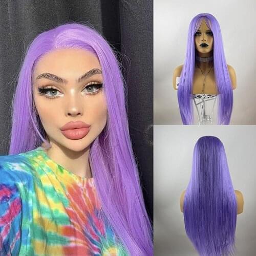 Lavender Purple Wig With Baby Hair None Lace Gluless Heat Resistant Fiber Hair Long Straight Natural Hairline Middle Part Cospla
