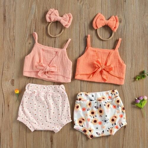 Summer Baby Girls Clothes Three Piece Set Infants Lace Up Halter Tops Flower Printing Elastic Shorts Bow Tie Hair Band