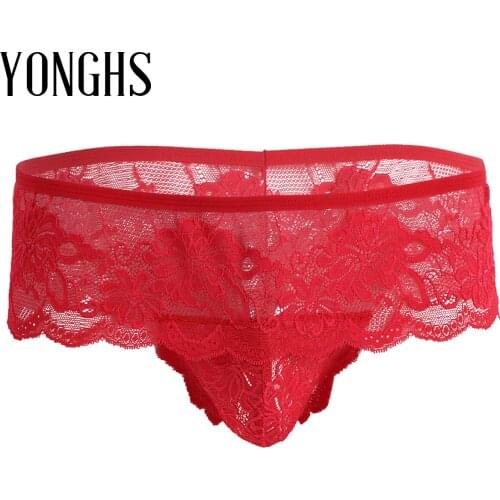 Mens Lingerie Sissy Panties Lacework Open Butt Bulge Pouch Hot Sexy Underpants G-string Thongs Bikini Briefs Gay Homme Underwear