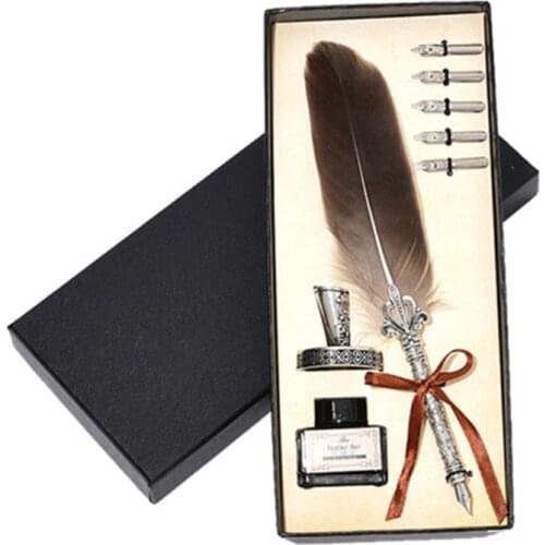 Feather Dip Pen Set Vintage Quill Pen Ink Kit Antique Calligraphy Writing With 5 Replacement Nibs Pen Nib Base