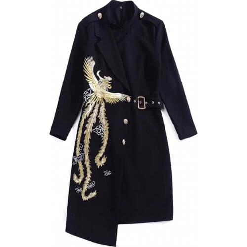 European and American womens clothing 2019 winter new style Long sleeve lapel Phoenix embroidery fashion irregular dress