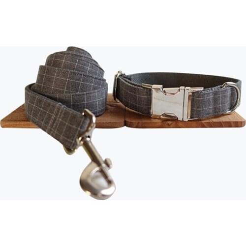 Customized Dog Collar Engraved Puppy ID Tag Leash Collar Set Adjustable Outdoor Plaid Pet Collar Leash Fabric THE SUIT PLAID