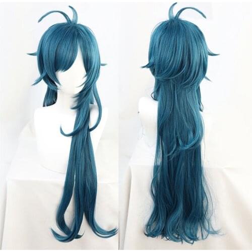 Genshin Impact Kaeya Cosplay Men 80cm Long Ink-blue Wig Cosplay Costume Heat Resistant Synthetic Hair Peluca Anime Wig + Wig Cap