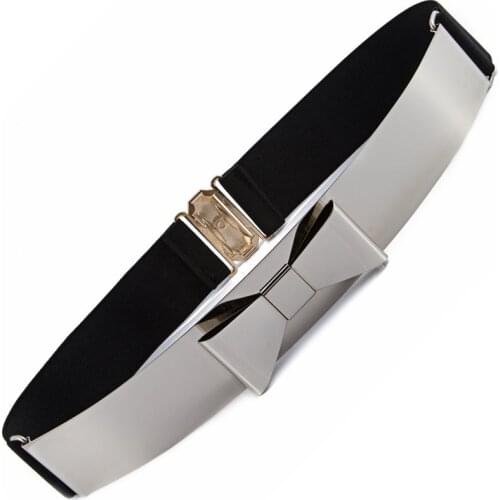 Fashion Womens Elastic Belt Embellished Metal Keeper Metallic Bling Big Gold Mirror Bow Wide Belts For Women