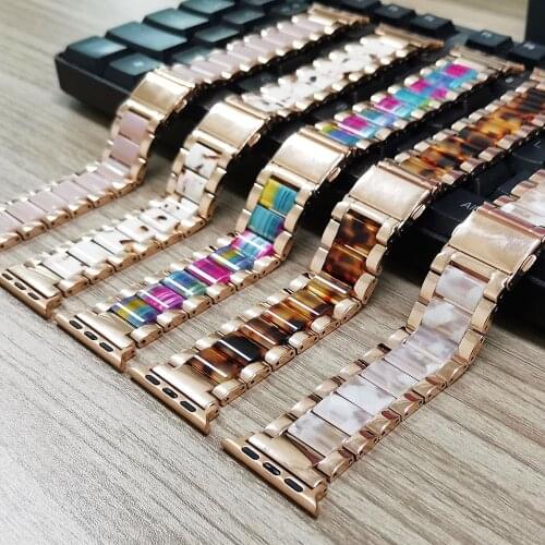 Fashion Folding Clasp Strap for Apple Watch Series 6 SE 5 4 3 Band Resin+Stainless Steel Wrist Belt 40mm 44mm 38mm 42mm Bracelet