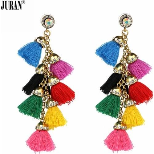 JURAN Luxury Rhinestone Long Thread Tassel Earrings Ethnic Handmade Oorbellen Big Dangle Statement Drop Earring Fashion Jewelry