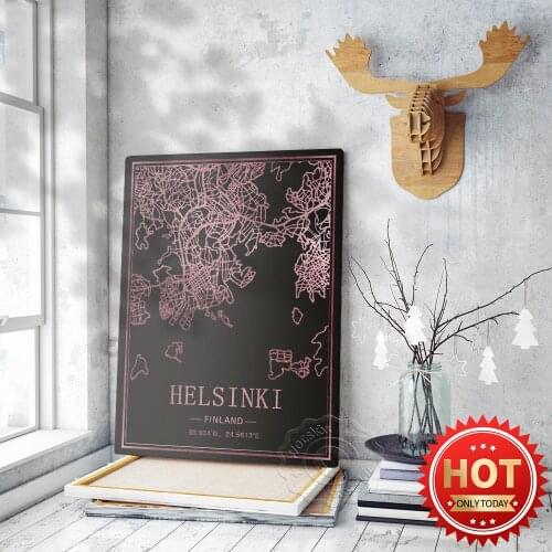 Helsinki Finland Pink Lline City Map Poster, Nordic Style Home Decor Painting Originality Gift Mural, Modern Tavel City Map