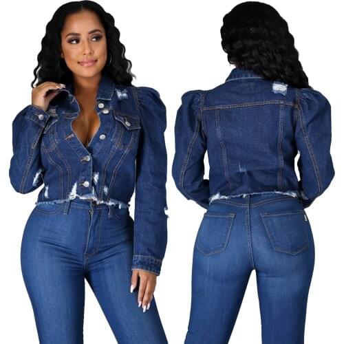Blue Fashion Puff Sleeve Denim Jacket Tops Long Sleeve Turn-down Collar Hole Denim Coat Single-breasted Pocket Women Slim Coats