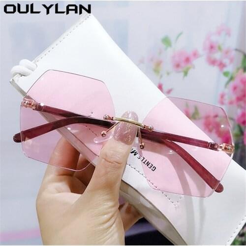 Oulylan 2021 Rimless Sunglasses Women Fashion Polygon Gradient Sun Glasses Ladies Pink Eyeglasses Cutting Lens Shades UV400