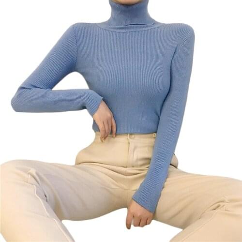 Women Long Sleeve Turtleneck Sweater Solid Color Ribbed Knit Slim Jumper Tops MXMA
