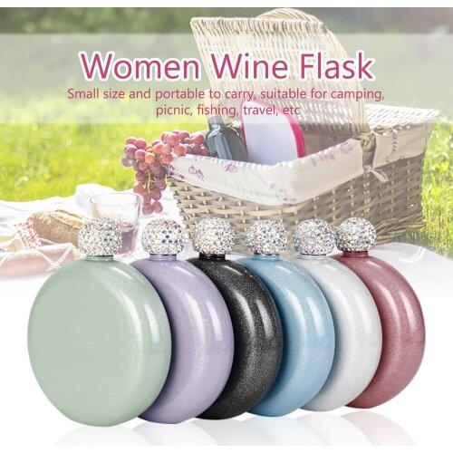 Six Colors Available Portable Round Mini Hip Flask 304 Stainless Steel Crystal Cover Ladies Flagon Great Gift For Wine Kettle