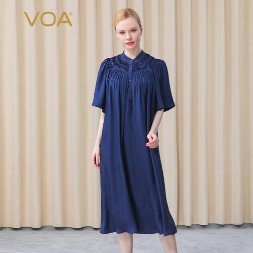 VOA 100% Silk 20m/m Jacquard Navy Blue Half-high Collar Tucker Pleat Single-breasted Five-sleeve Casual Dress for Women AE735