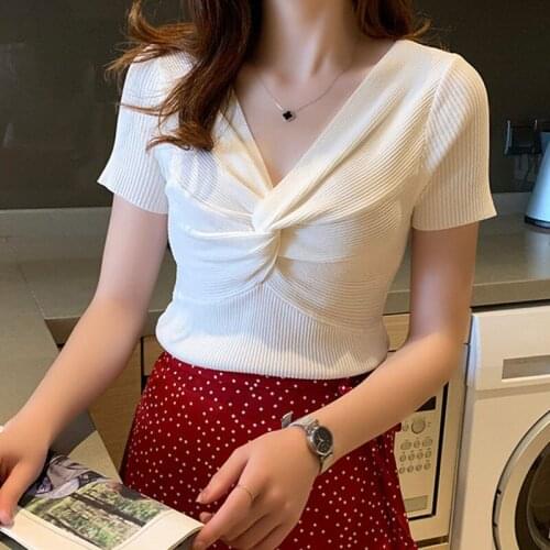 Women Summer Style T-Shirts Tops Lady Casual Short Sleeve V-Neck Solid Color Blue Black White Tshirts Tees ZZ0383