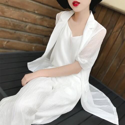 Womens wear womens suit Three piece set white Elastic waist Summer style medium length fashionable suit coat Wide leg pants