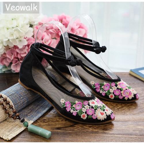 Veowalk Flowers Embroidered Women See-Through Cotton Ballet Flats Breathable Ladies Pointed Toe Embroidery Ballerines Shoes