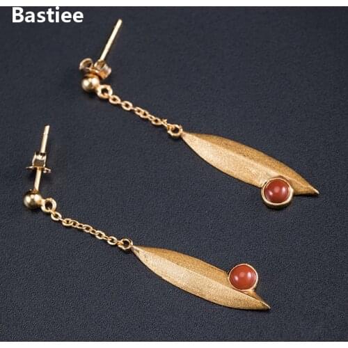 Bastiee 925 Sterling Silver Drop Gold Earrings For Women Leaf Red Agate Vintage Earings Chinese Vintage Jewelry