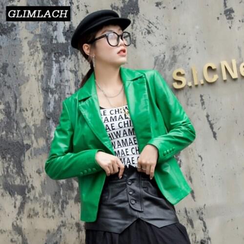 Green Office Lady Real Leather Blazer Jacket Korean Women Elegant Sheepskin Genuine Leather Slim Work Coat Female Harajuku 2019