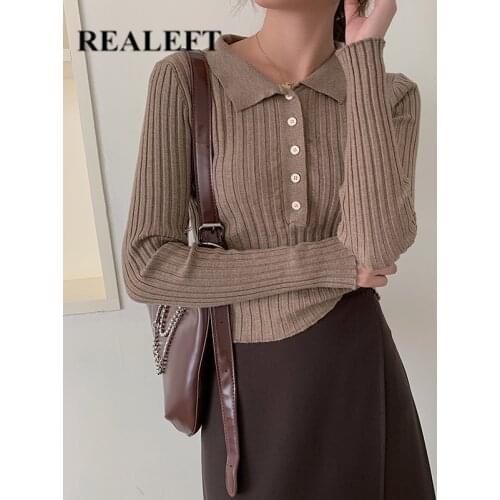REALEFT 2021 Retro Womens Knitted Top Fashionable Turndown Collar Solid Color Buttons Basic Ladies Knitting Pullovers Sweaters
