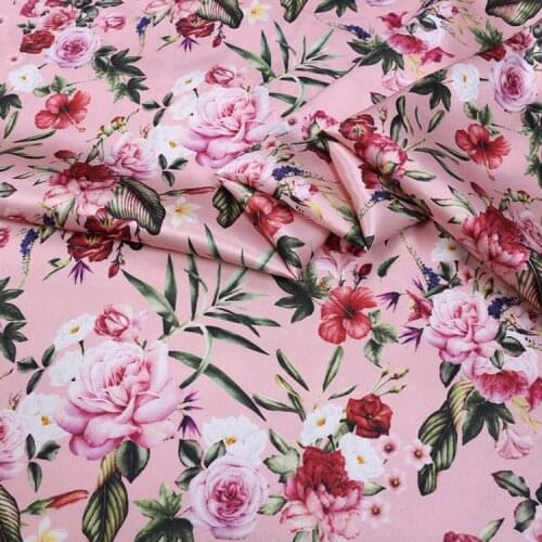 1 Meter Pink Flower Natural Silk Fabric Summer Flower Printing Stretch Satin Soft Draped Satin Cheongsam Dress Mulberry
