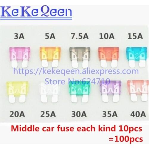 100pcs/lot Medium Car Fuses 3A 5A 7.5A 10A 15A 20A 25A 30A 35A 40A + Clip Amp with Plastic Box Assortment Auto Blade Fuse SUV