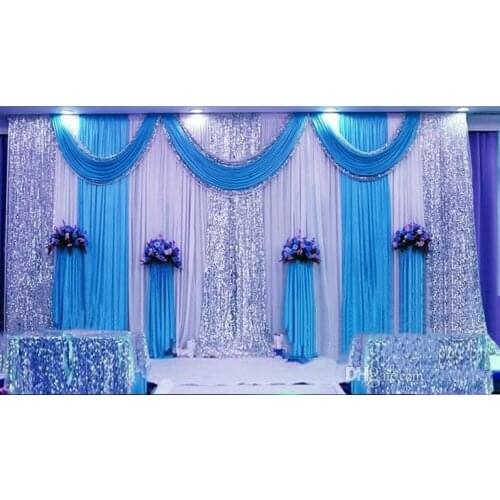 20ft*10ft Sequins Beads Edge ice silk Wedding backdrop Curtains with swags event party Wedding Props Satin Drape curtain