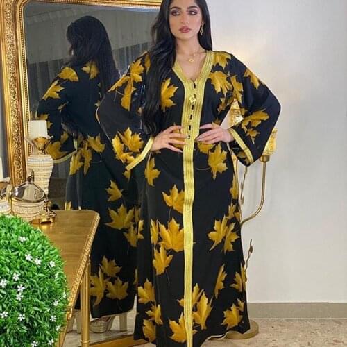 AB008 Fashion Black With Print Maple Abayas Dresses American Clothing For Women World Apparel Store Tall Moroccan Outfit Dubai