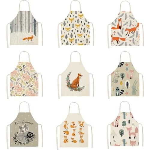 Cute Fox Cat Pattern Apron Women Men Kids Waterproof Cooking Oil-proof Kitchen Cooking Bib Aprons Cotton Linen Home Textile