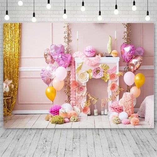 Avezano Backdrops Birthday Party Pink Flower Balloon Decor Golden Curtain Princess Banner Girl Background Photo Studio Photozone