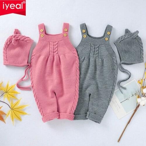 IYEAL 2020 Newborn Baby Boy Girl Rompers Knitted Sleeveless Jumpsuit Sweater With Hat Spring Outfits Autumn Woolen Clothes 0-24M