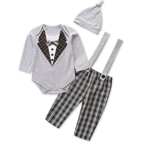 3Pcs Infant Baby Boys Clothing Set 2021 Winter Bowtie Button Plaid Romper Suspender Long Pant Hat Newborn Baby Clothes Outfits