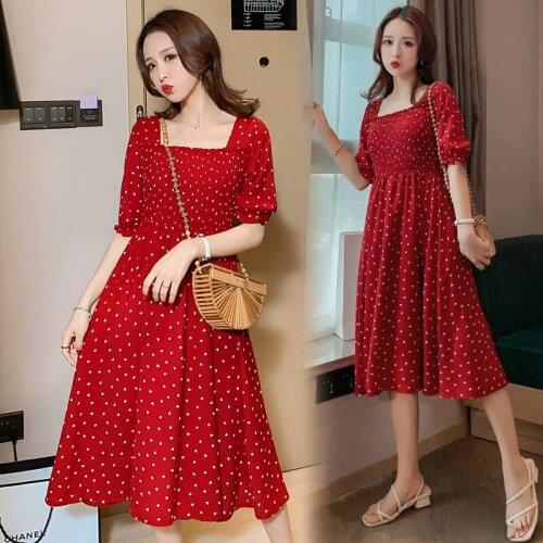 Summer Korean Fashion Maternity Long Dress Elegant Hot Slim Charming Clothes for Pregnant Women Square Collar Dot Pregnancy