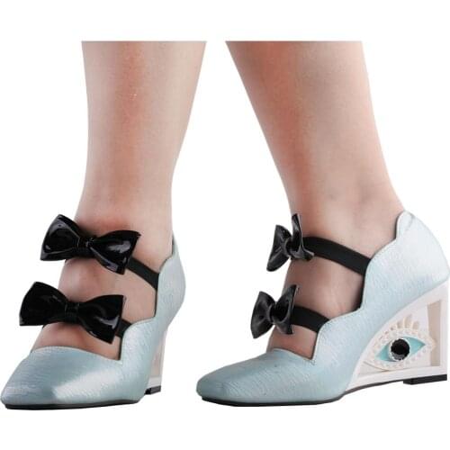 LF10805 SHOW STORY Vintage Blue Bows Square-Toe Wedge Eye Shape High Heels Pumps
