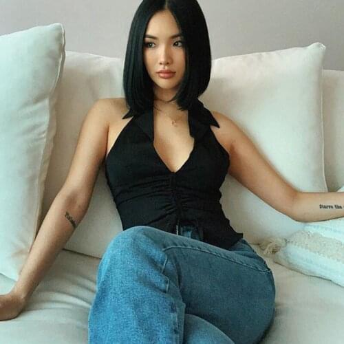 Deep V-Neck Sexy Sleeveless Tank Top Women Summer Crop Tops Ruched Drawstring Black Fashion Skinny Elastic Streetwear