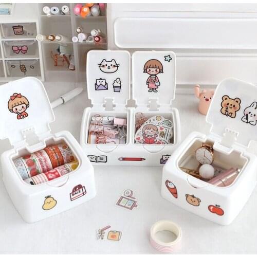 MINKYS Cute Girls ABS Mini Desktop Organizer Storage Box 1PC Free Sticker Kawaii Korean School Stationery