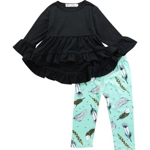 Fashion Kids Baby Girls Clothes Long Sleeve Black Ruffle Dress Tops Feather Wheatear Pants Clothing Set Outfits Children 2-7Y