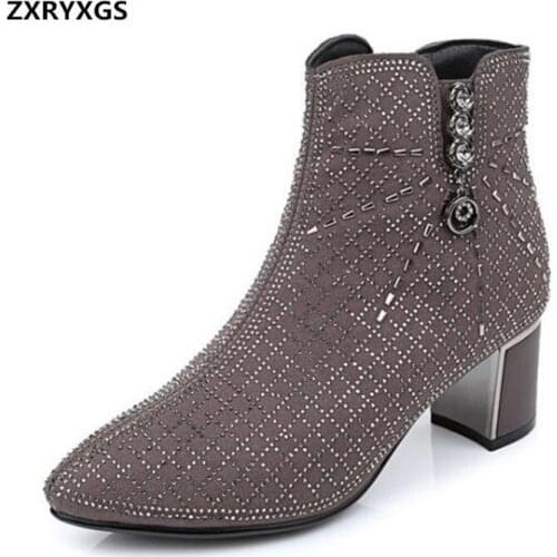 2021 New Autumn and Winter Pointed Korean Rhinestone Shoes Women Boots Thick with High Heel Shoes Fashion Boots Warm Snow Boots