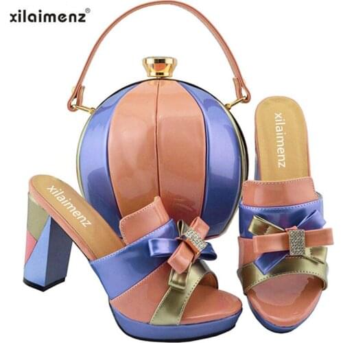 New Shop 40% Discount Peach with Purple Italian Shoes and Round Bag to Matching Nigerian Women High Heels Shoes for Party