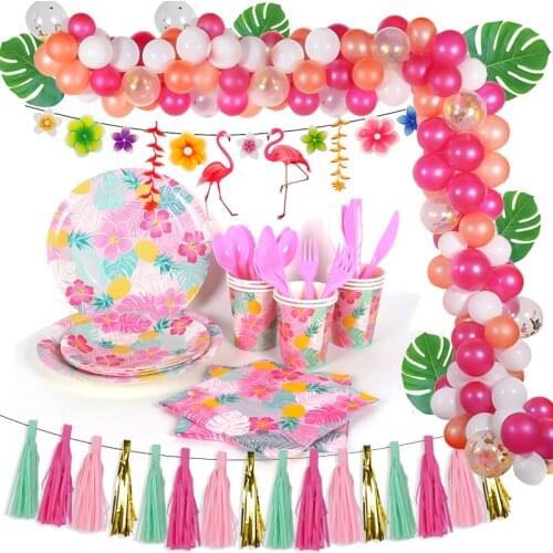 Pink flamingo party disposable tableware and party banner wedding decoration pink hawaii tropical summer birthday party deco