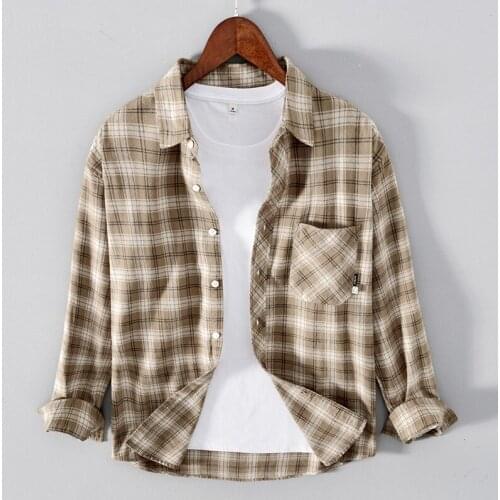 1261 Japan Style Retro Men Plaid Shirts Flannel Brushed Loose Causal Classic Simple All-Match Pocket Long Sleeve Youth Male Tops