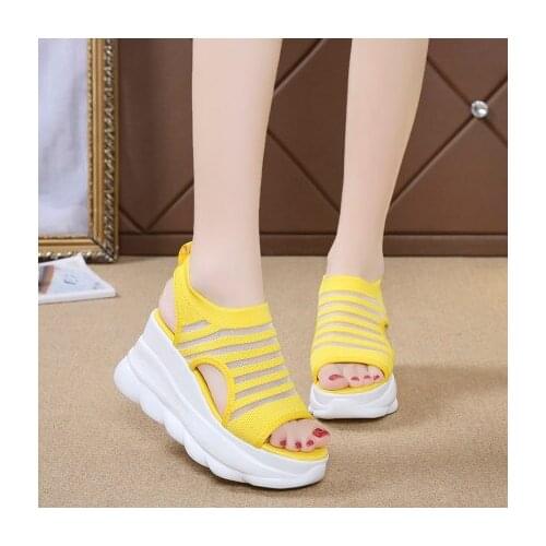 Womens Sandals Summer Wedges Sandals Fashion Fish Mouth Platform Women Shoes Slip on Peep Toe Knitted Ladies Sneakers Casual