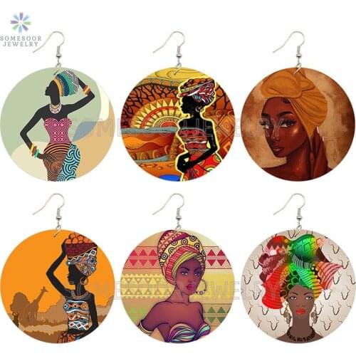 SOMESOOR African Ethnic Headwrap Woman Wooden Drop Earrings Afro Tribal Chants Black Arts Drawn Wood Ear Jewelry For Women Gifts