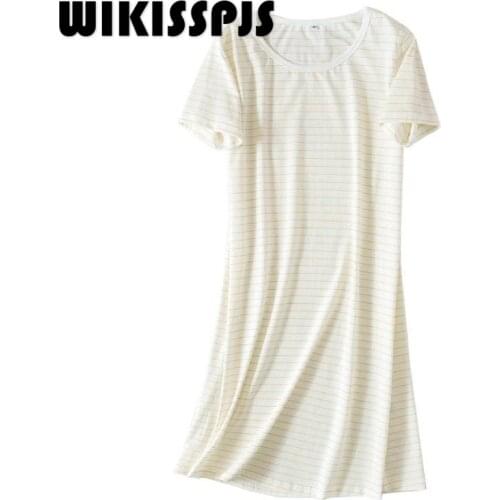 Short Sleeve Striped Nightdress Summer Round Neck Dress Casual Loose Long Home Wear Plus Size Robe Sets Women Sleepwear