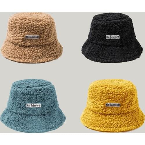 Womens Korean version Teddy velvet thickened fisherman hat solid color bucket cap autumn and winter retro warm hat Basin hat