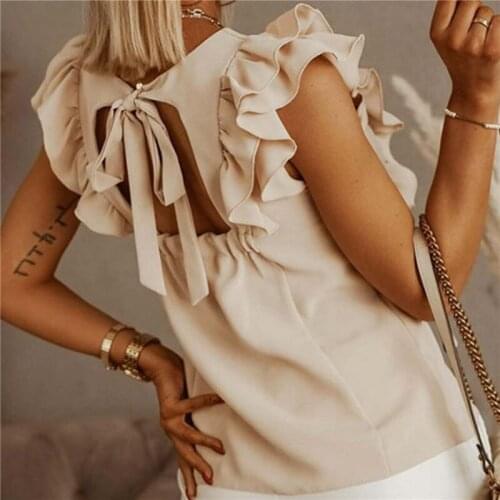 Ruffles Short Sleeve Backless Lace Up Women Blouse Solid O-neck Pleated Elegant Loose Ladies Blouses 2021 New Summer Casual Tops