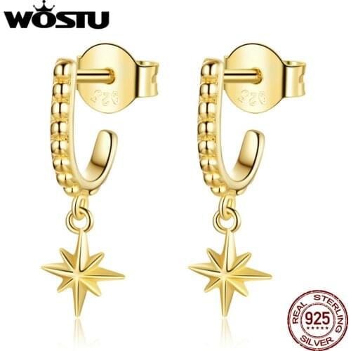 WOSTU 925 Sterling Silver Shining Star Ear Buckles Golden Stud Earrings For Women Wedding Fashion Anniversary Jewelry CQE1252